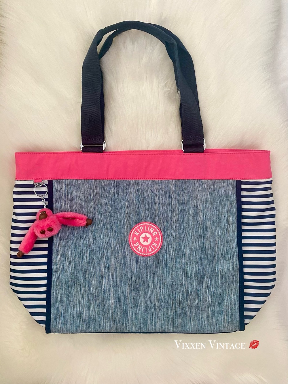KIPLING COLORBLOCK 'EMILY SHOPPER COMBO TOTE BAG' IN HOT PINK/DENIM/NAVY COMBO